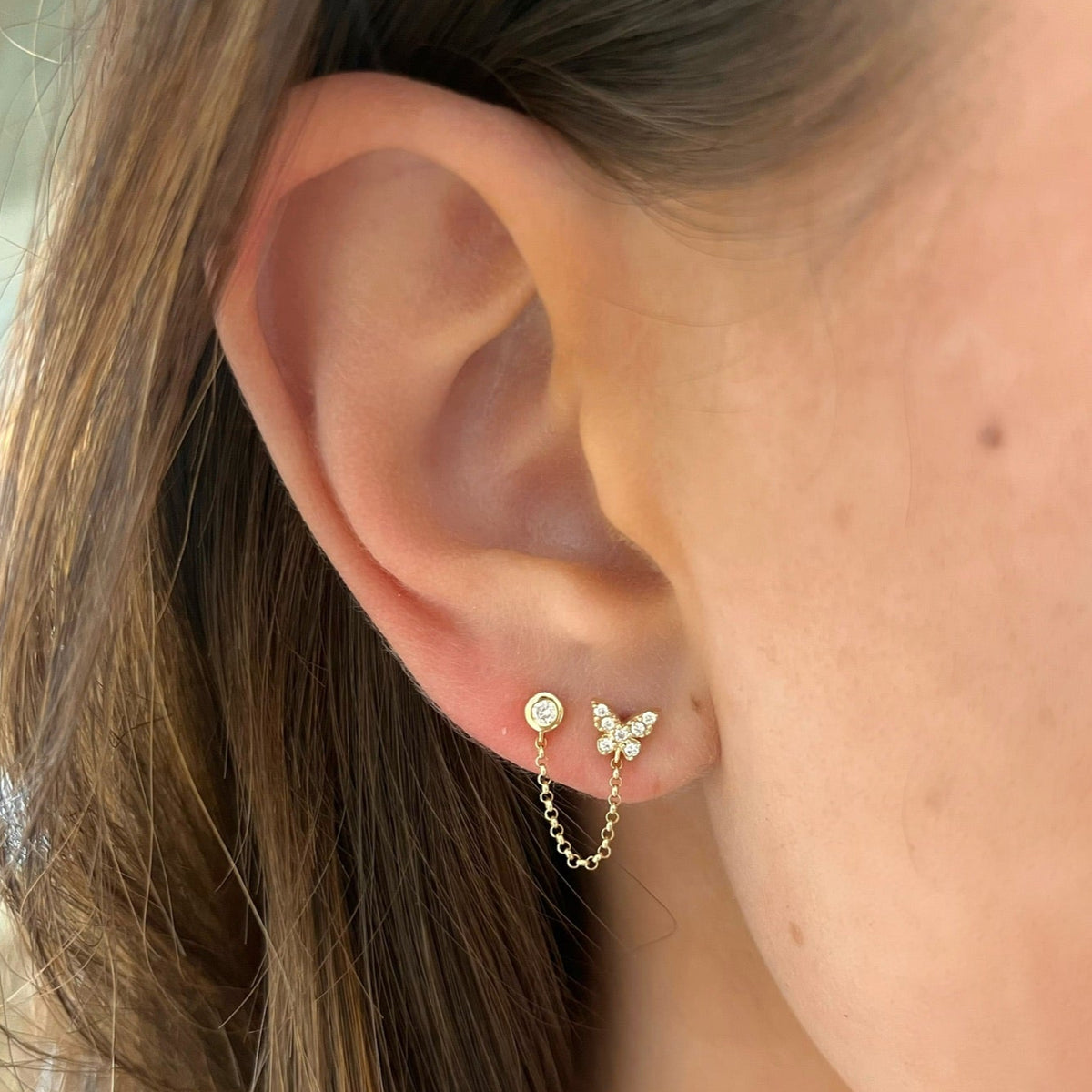 Baltimore Butterfly Double Piercing Diamond Stud Earrings