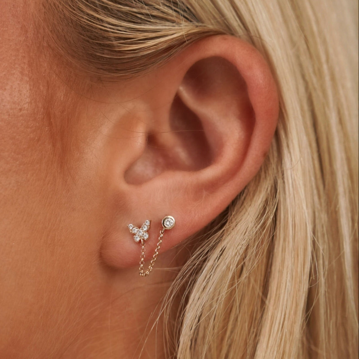 Baltimore Butterfly Double Piercing Diamond Stud Earrings