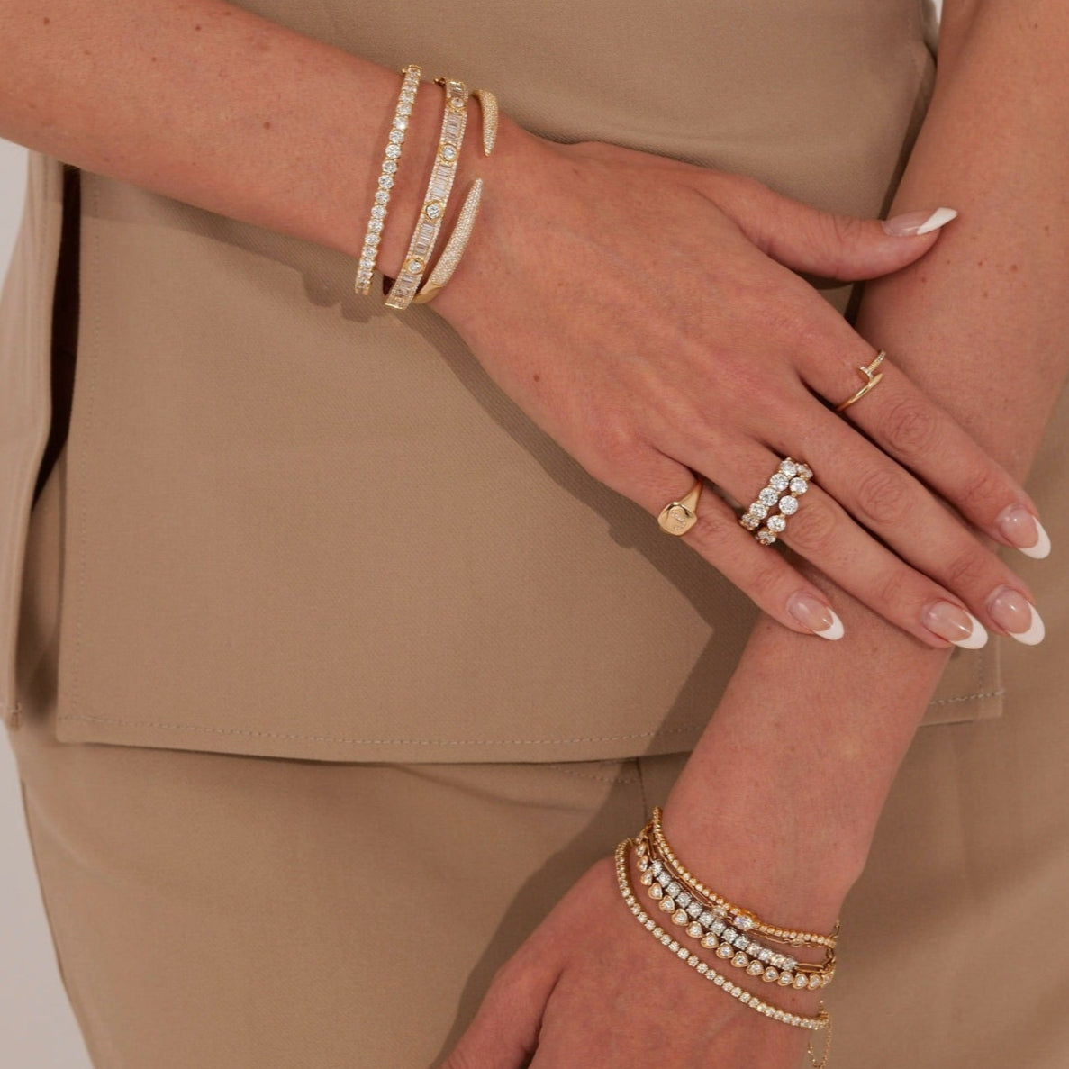 Dainty Diamond Initial Signet Ring,Mona Diamond Nail Ring,Bennett Pave Claw Diamond Cuff Bangle Bracelet 1.18 ctw,Lennox Baguette Bangle 3.37 ctw,Heart Shaped Diamond Bezel Tennis Bracelet 7.48 ctw, The Southern Diamond Tennis & Paperclip Link Bracelets