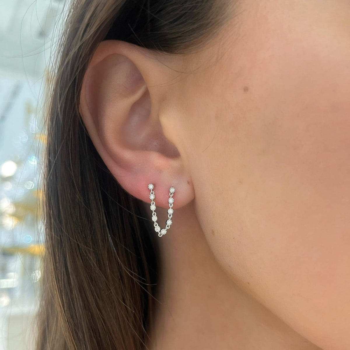 Double Piercing Diamond Stud Earrings