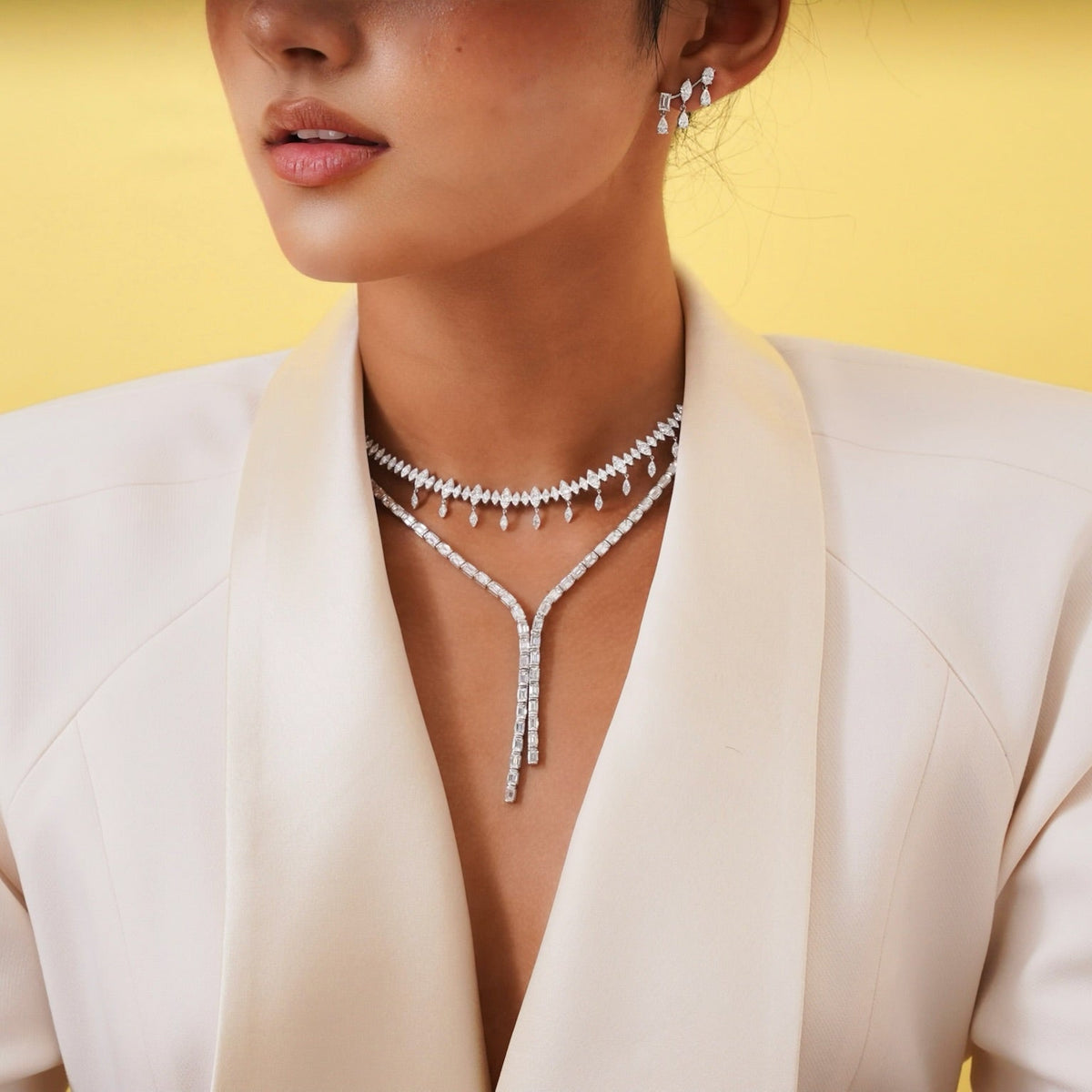 Marren Marquise Scalloped Illusion Dangle Diamond Necklace 4.70 ctw,Channel Set Emerald Cut Diamond Double Lariat 24 ctw, McKinsey Multi Mixed Shape Diamond Dangle Ear Climbers