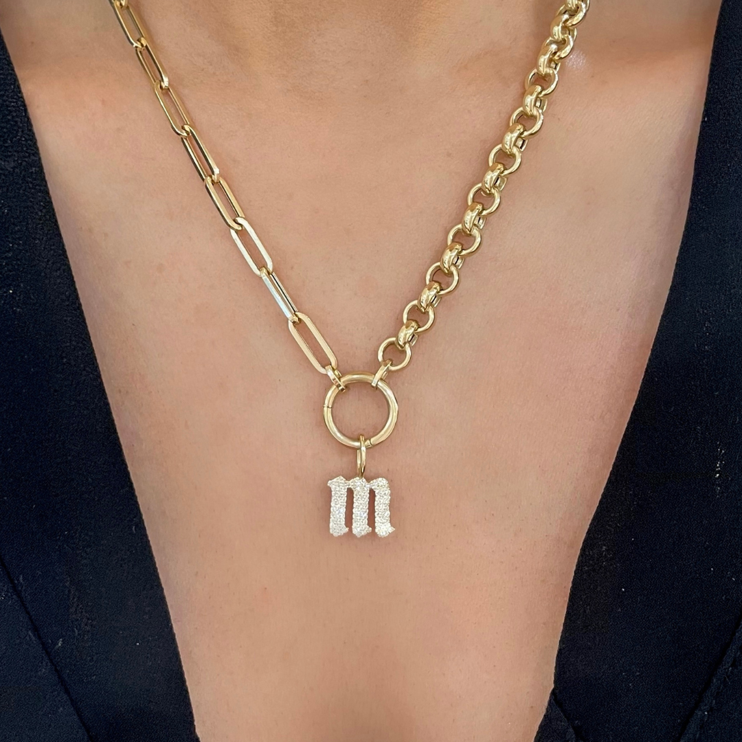 Large Pave Diamond Initial Charm Necklace M / Without Chain