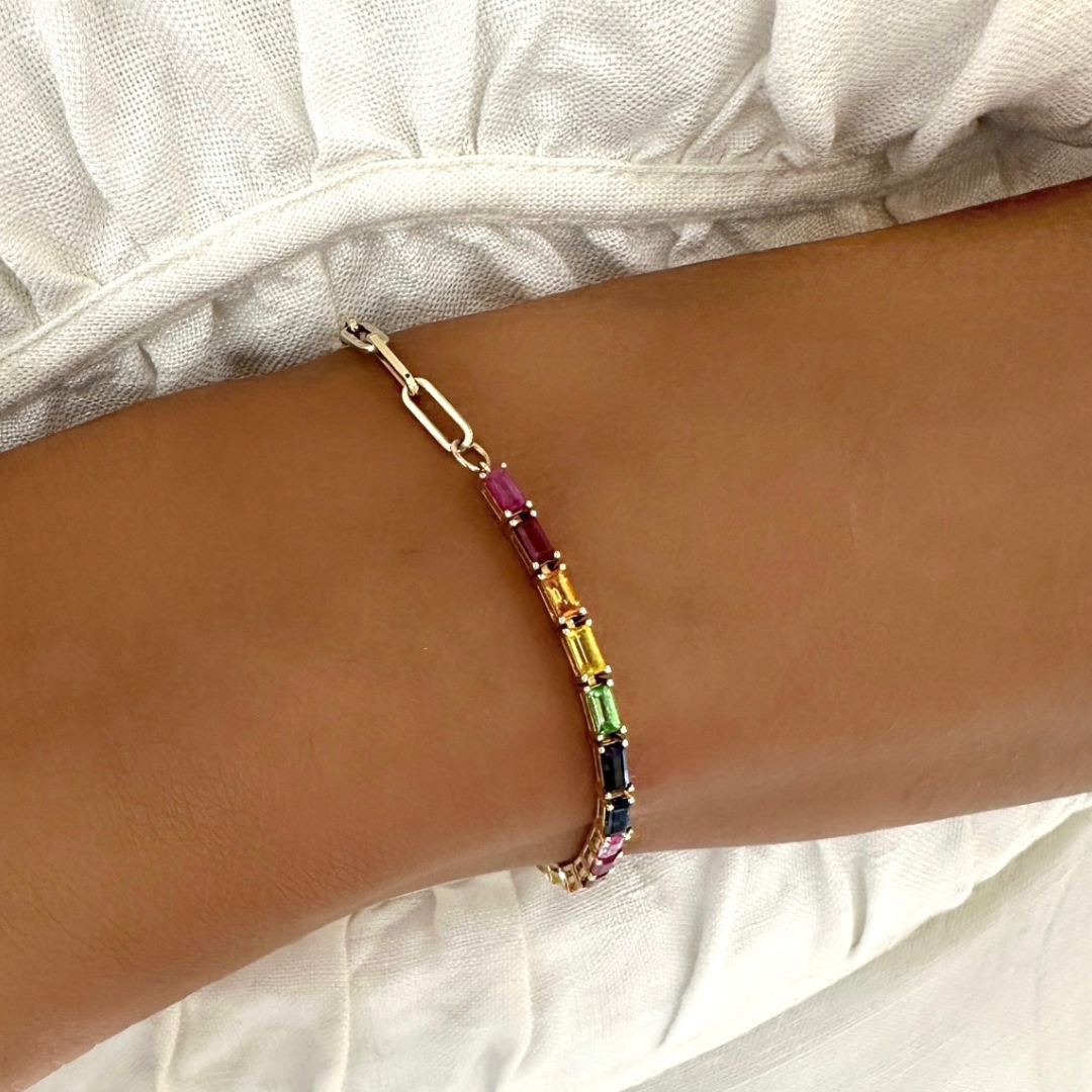 Best of Both Rainbow Baguette Paperclip Bracelet RW Fine Jewelry