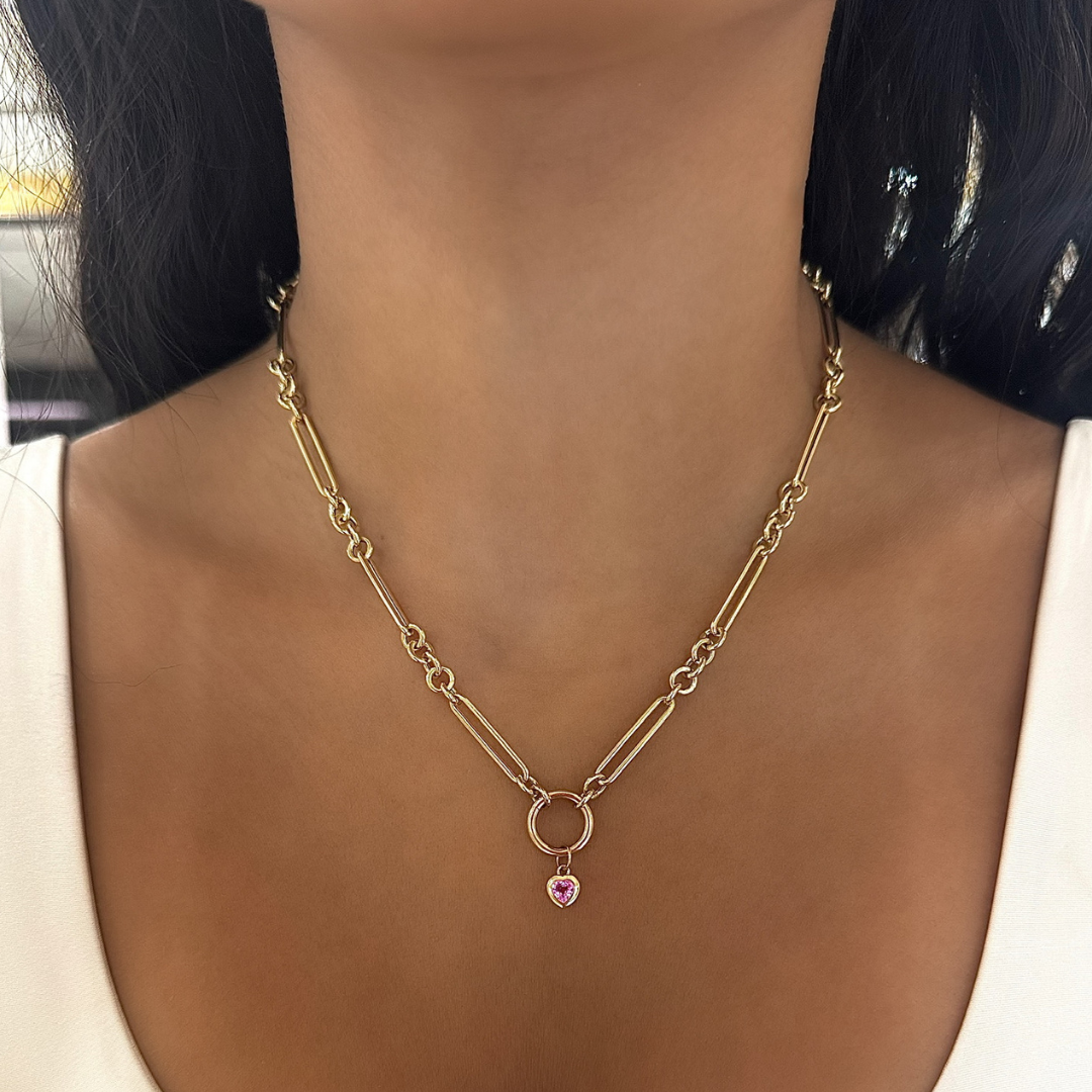 Kait Mini Pink Sapphire Bezeled Heart Charm