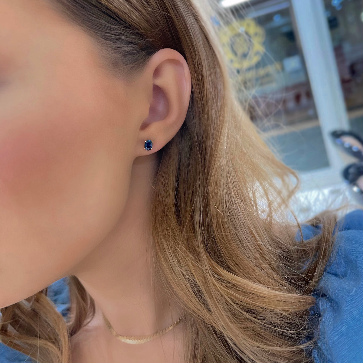 Blue Sapphire Oval Stud Earrings on 14k Yellow Gold Studs