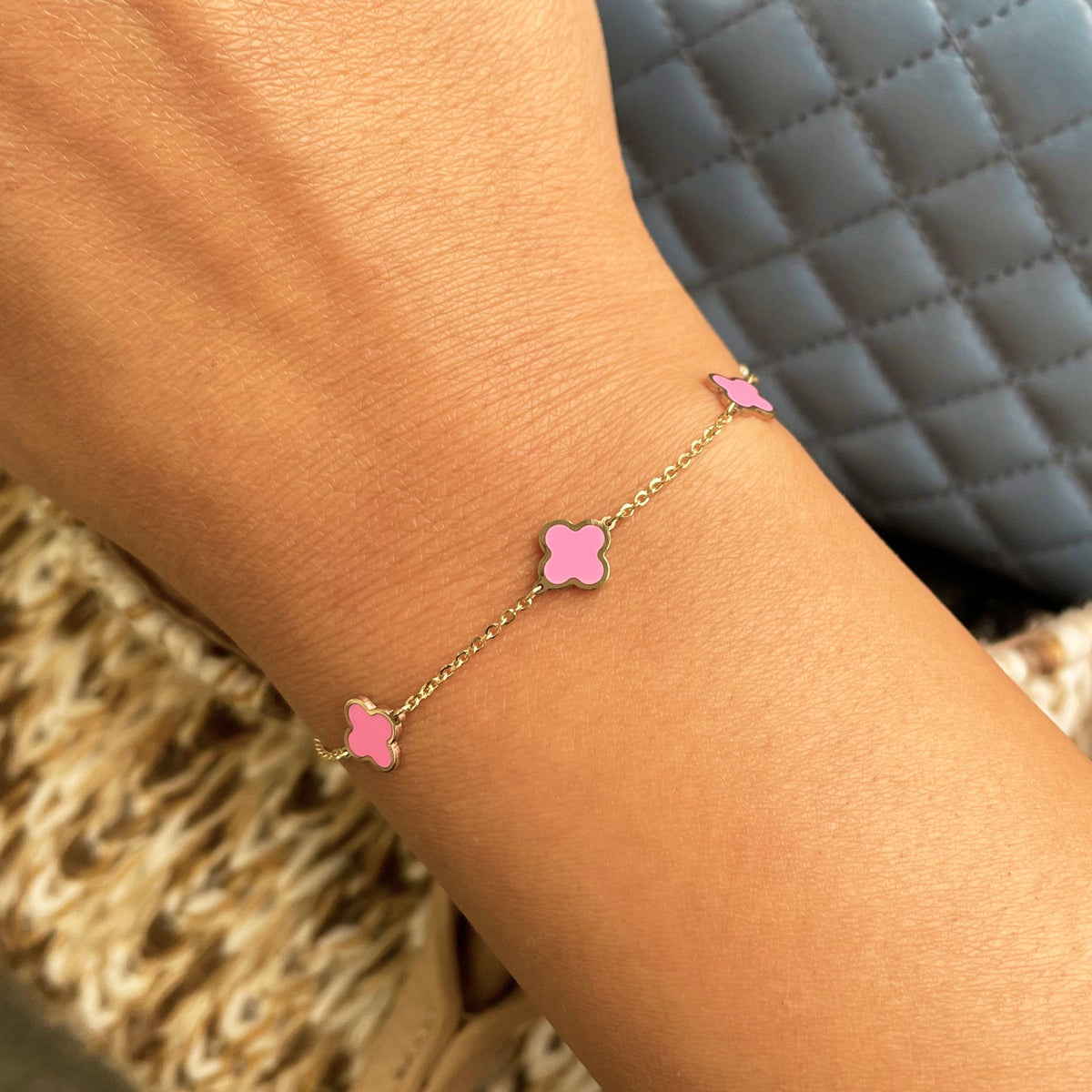 Pink Agate Clover Station Bracelet