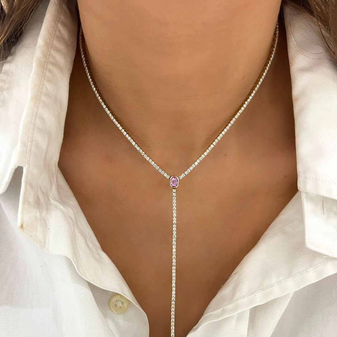 Davis Diamond Tennis Necklace with Removable Pink Sapphire Oval