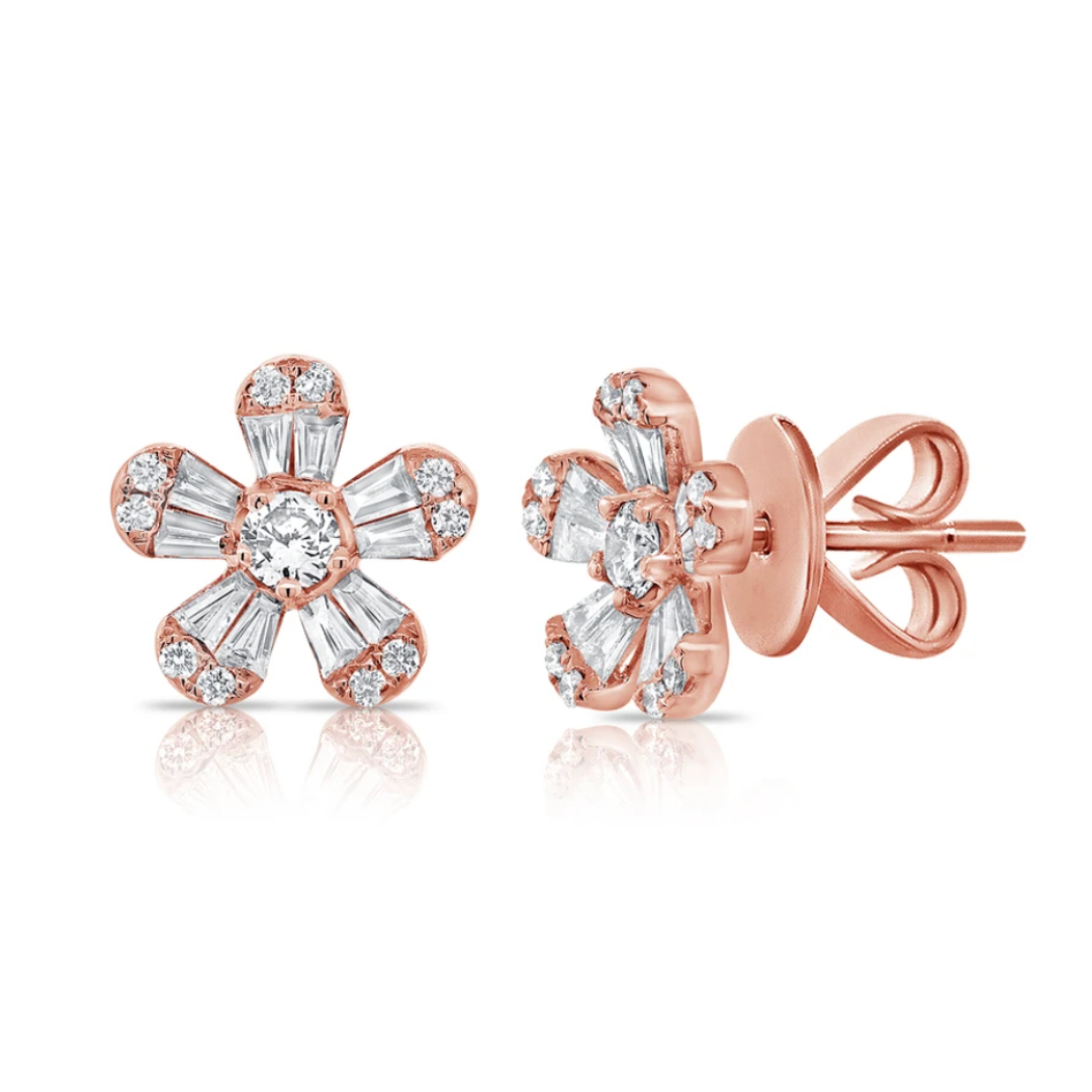 Baguette Diamond Flower Stud Earrings