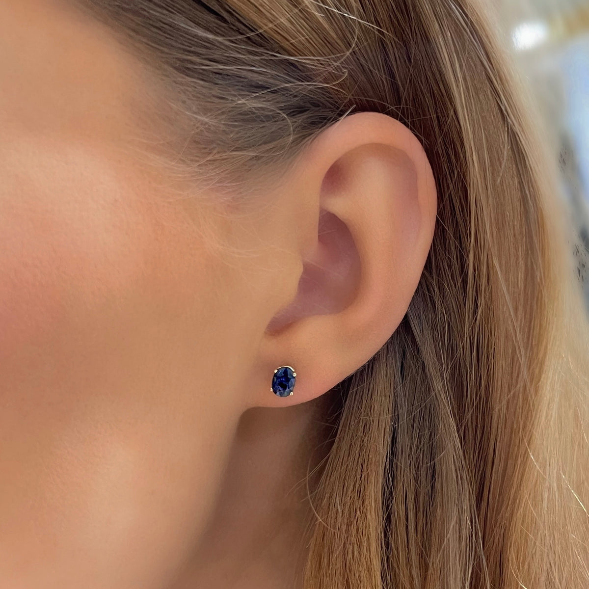 Blue Sapphire Oval Stud Earrings on 14k Yellow Gold Studs