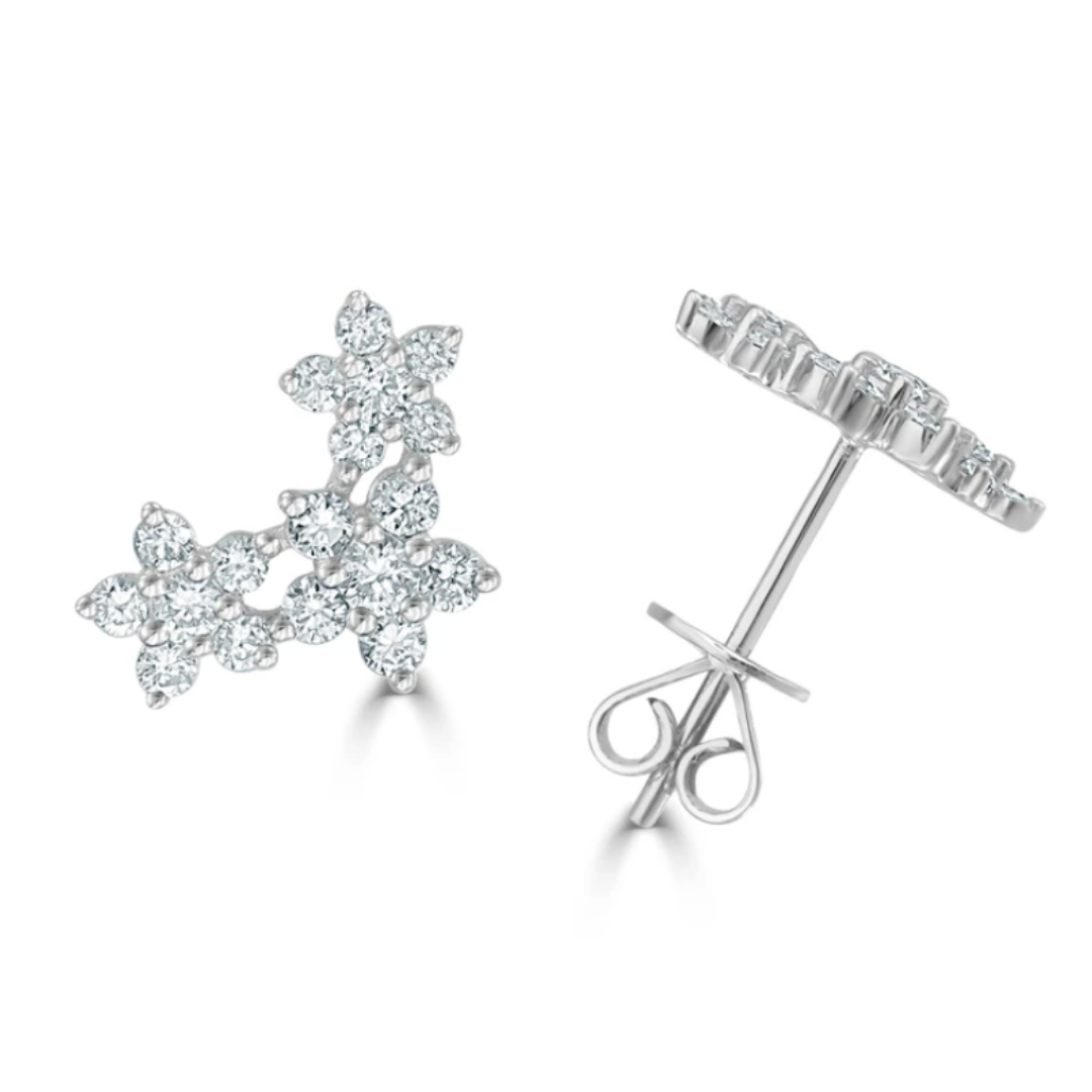 Daisy Diamond Flower Cluster Stud Earrings White Gold