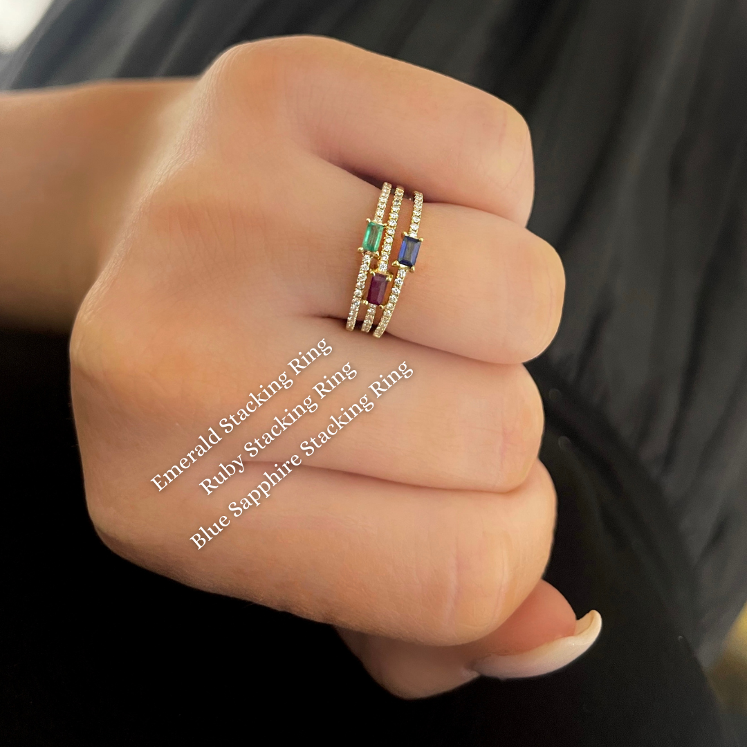Emerald and Diamond Dainty Stacking Ring