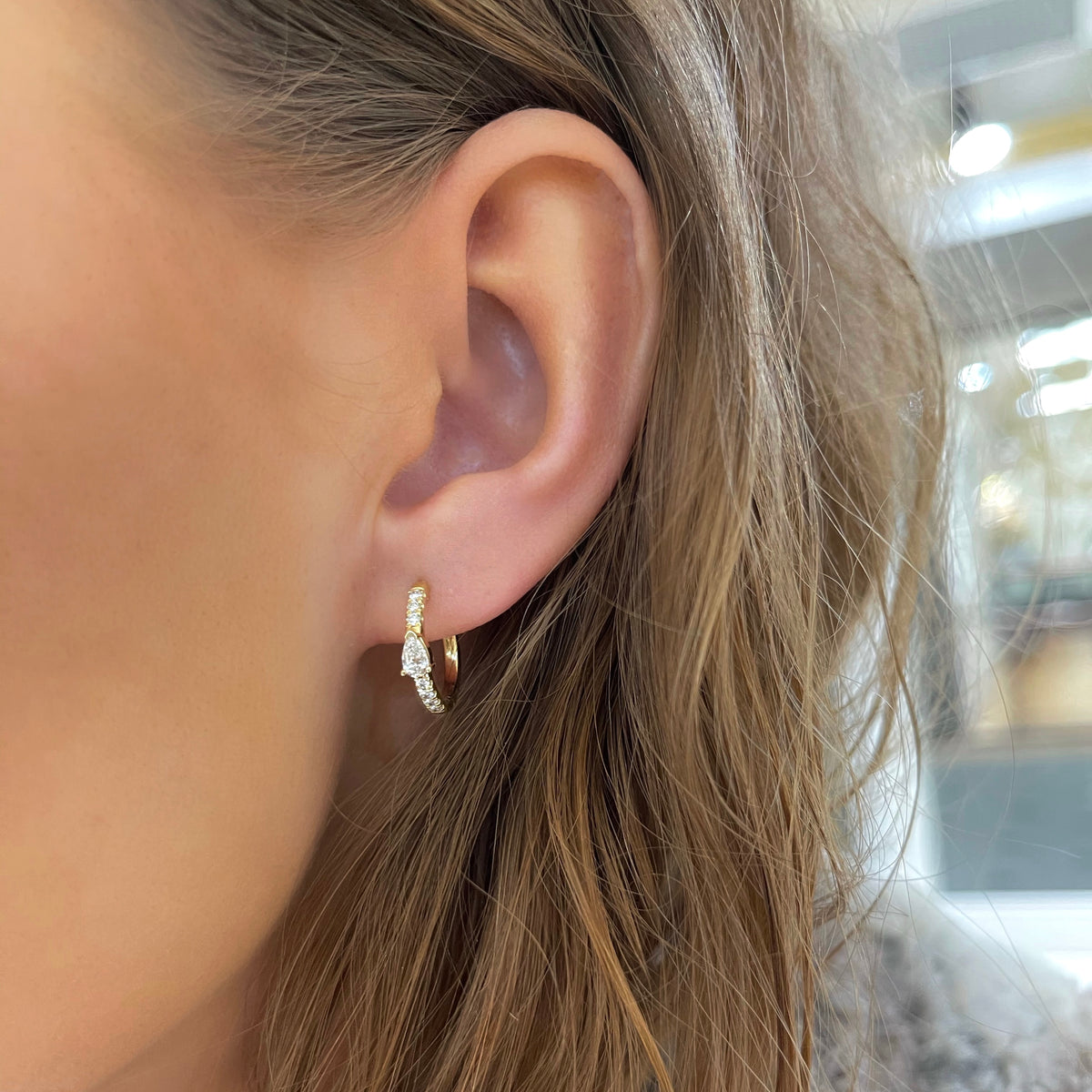 Pear Bezel Diamond Huggie Earrings