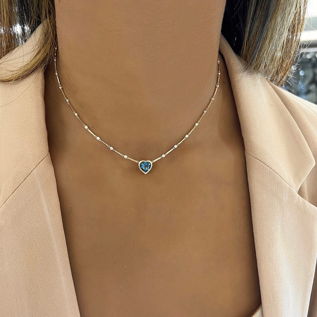 Bianka Blue Topaz Heart & Diamond Bezel Necklace
