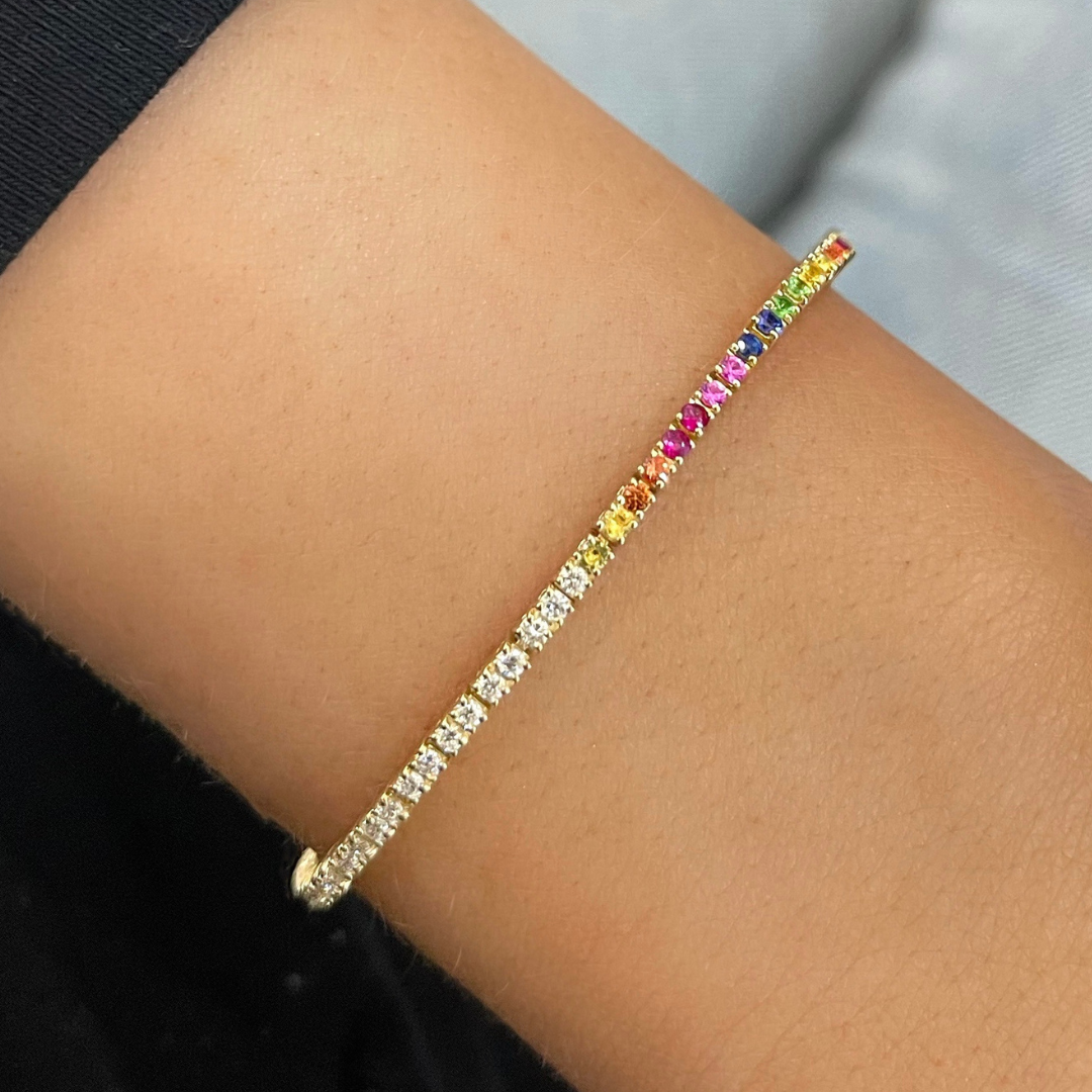 Half Half Rainbow Gemstone and Diamond Tennis Bracelet RW Fine