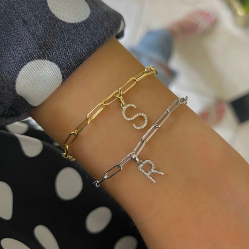 Tezza Paperclip Chain Bracelet w/ Diamond Initial Charm