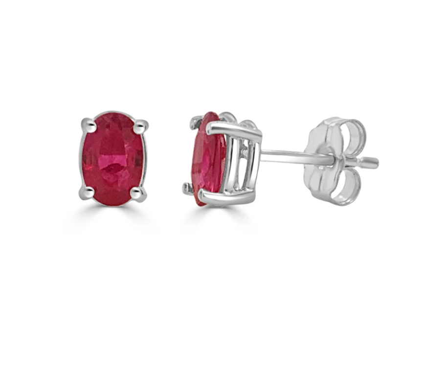 Ruby Oval Stud Earrings on 14k White Gold Studs