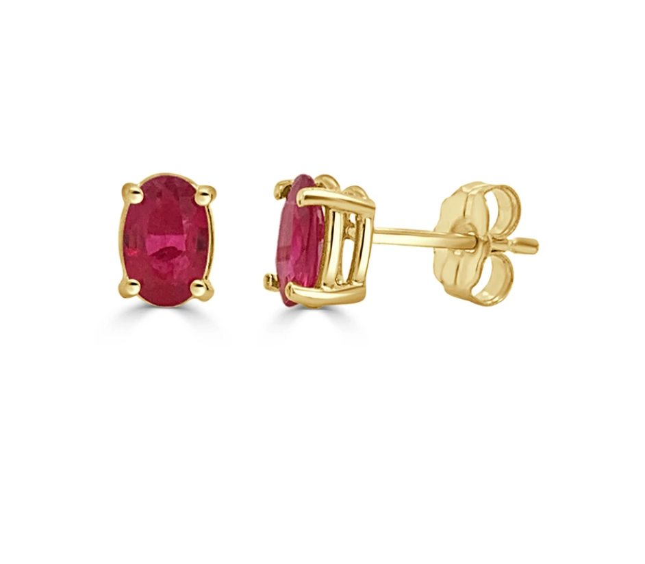 Ruby Oval Stud Earrings on 14k Yellow Gold Studs