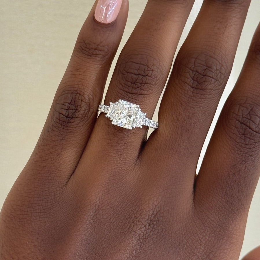1.50ct Natural Radiant Diamond in a Pavé Cathedral with Brilliant Trapezoids
