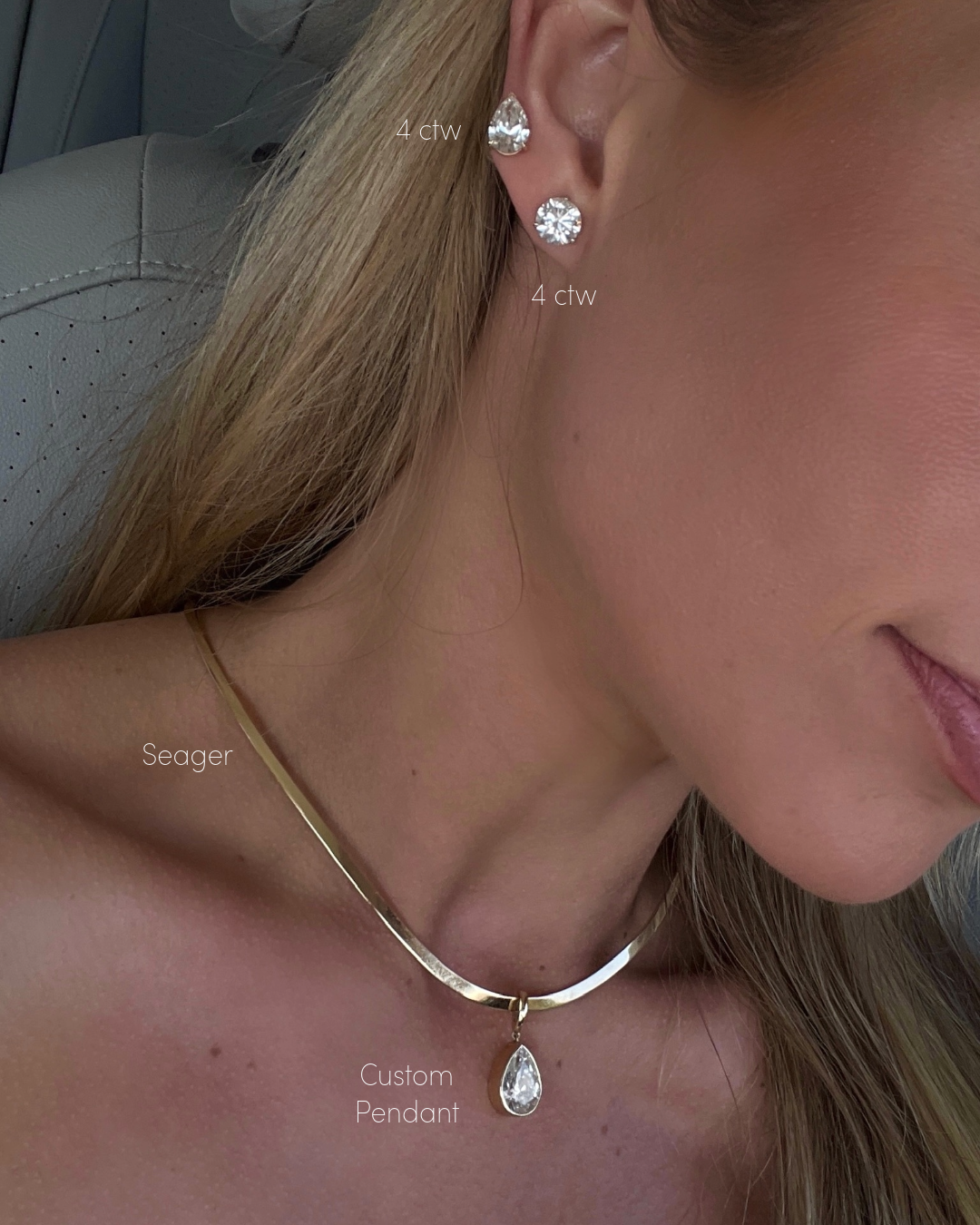 chelsi wearing the 4 ctw round and pear studs with the seager necklace and a custom pendant made by RW Fine