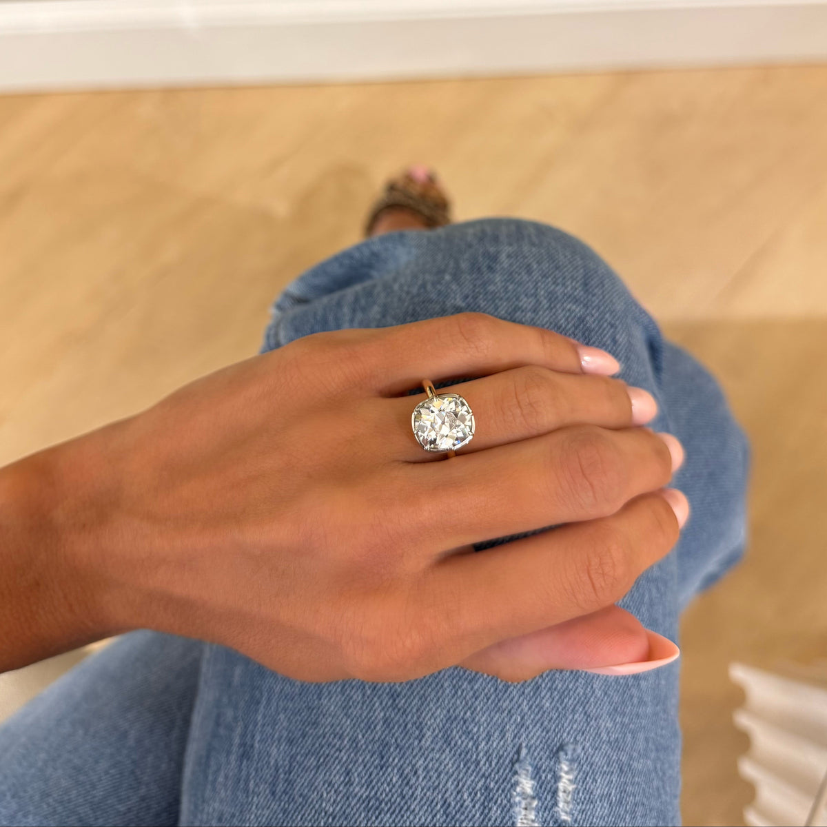 5.05ct Lab Grown Antique Cushion Cut Diamond in a Georgian Bezel Setting