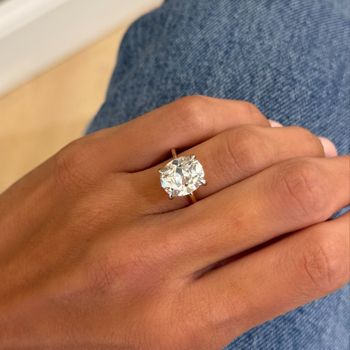 5.06ct Lab Grown Antique Cushion Cut Diamond in a Solitaire Setting with Hidden Halo