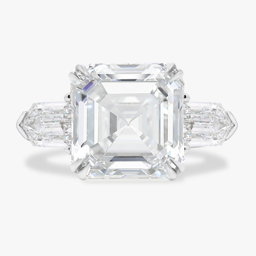 7.04ct Lab Grown Asscher Cut Diamond in a Three Stone Bullet Setting