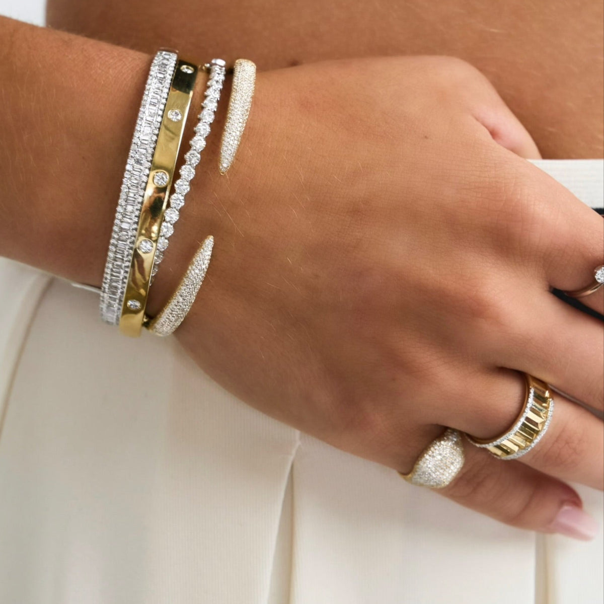 Amanza Fluted Diamond Eternity Band, Peyton Pave Diamond Signet Ring
