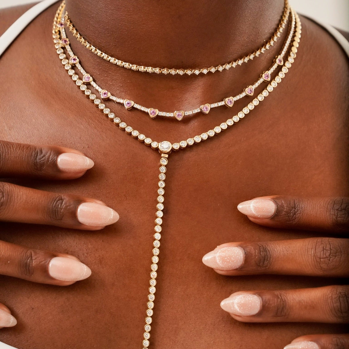 Kam Lee Pink Sapphire & Diamond Illusion Heart Tennis Necklace 3 ct