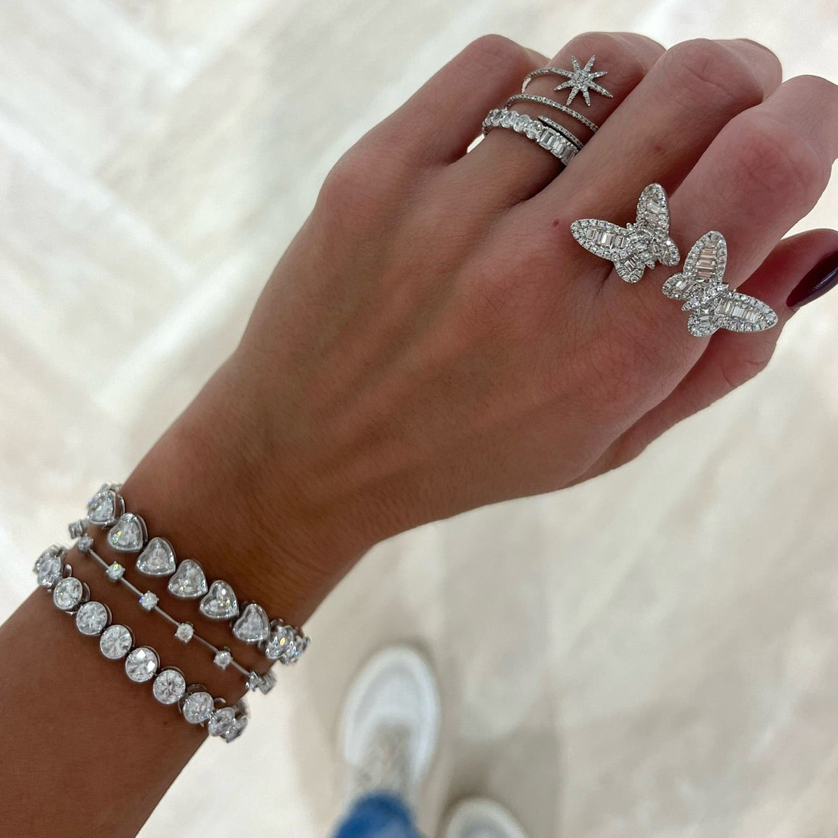 Annamaria Heart Diamond Tennis Bracelet 7.70 ctw, Asteria Star Diamond Crossover Ring