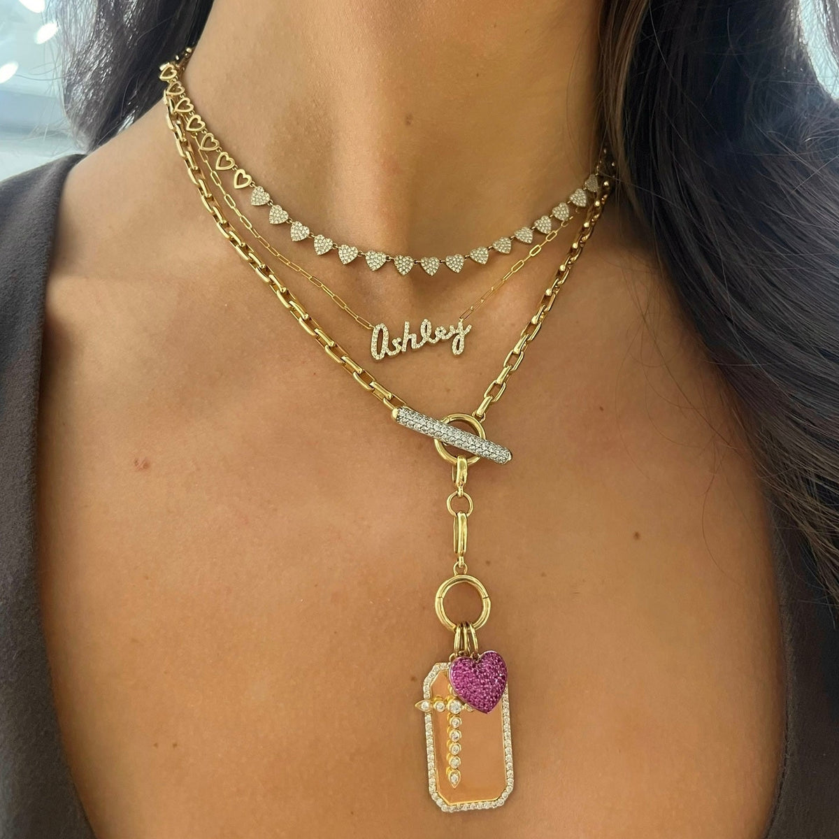 Rectangle Rolo Chain With Diamond Toggle & Removable Lariat, "Heart to Heart" Adjustable Pave Diamond Tennis Necklace
