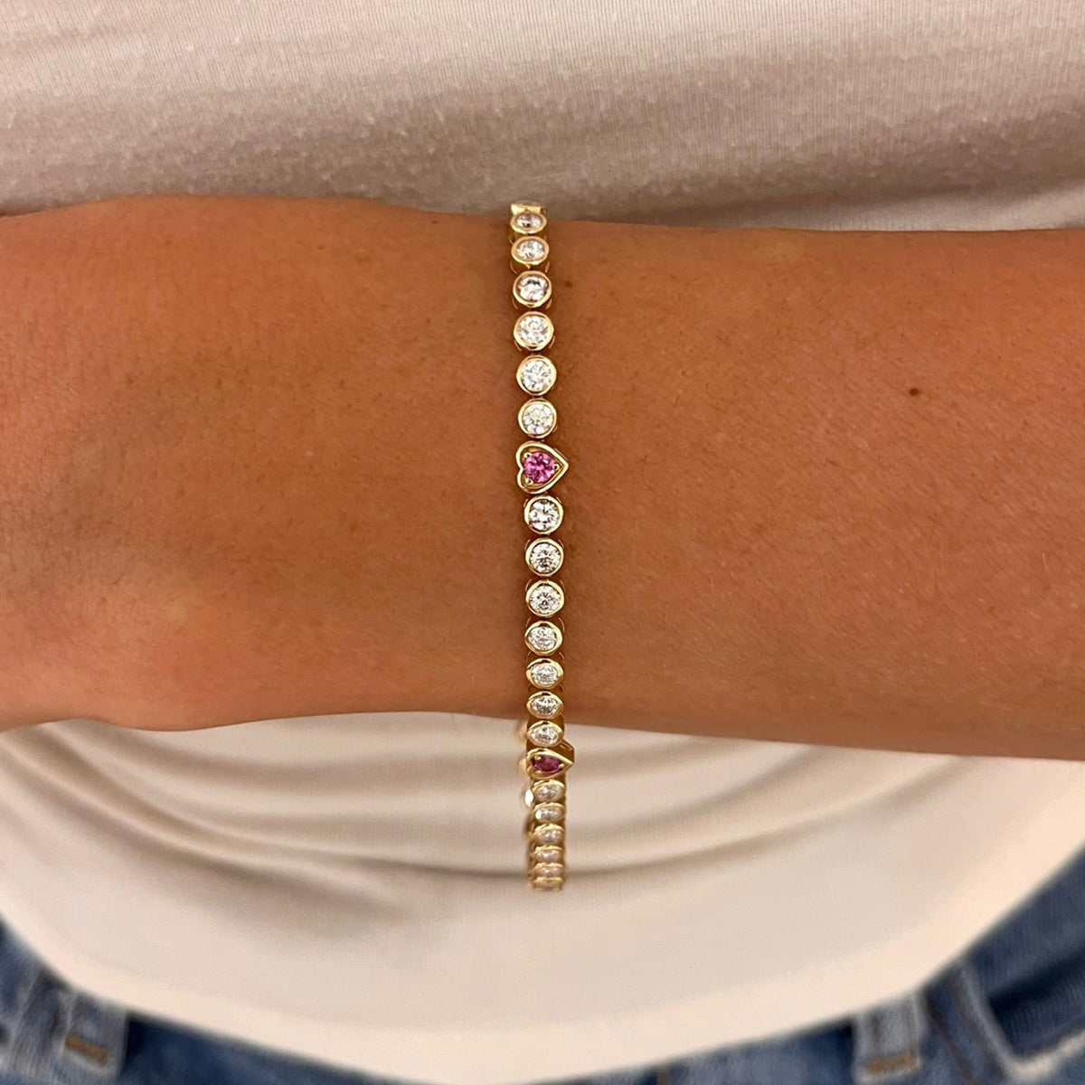 Bellamy Pink Sapphire Hearts & Diamond Bezel Adjustable Tennis Bracelet 3.10 ctw