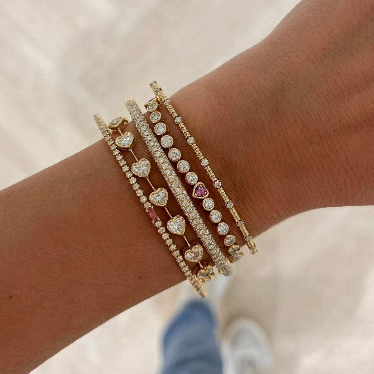 Heart Station Diamond Tennis Bracelet 5.00 ctw, Bellamy Pink Sapphire Hearts & Diamond Bezel Adjustable Tennis Bracelet 3.10 ctw
