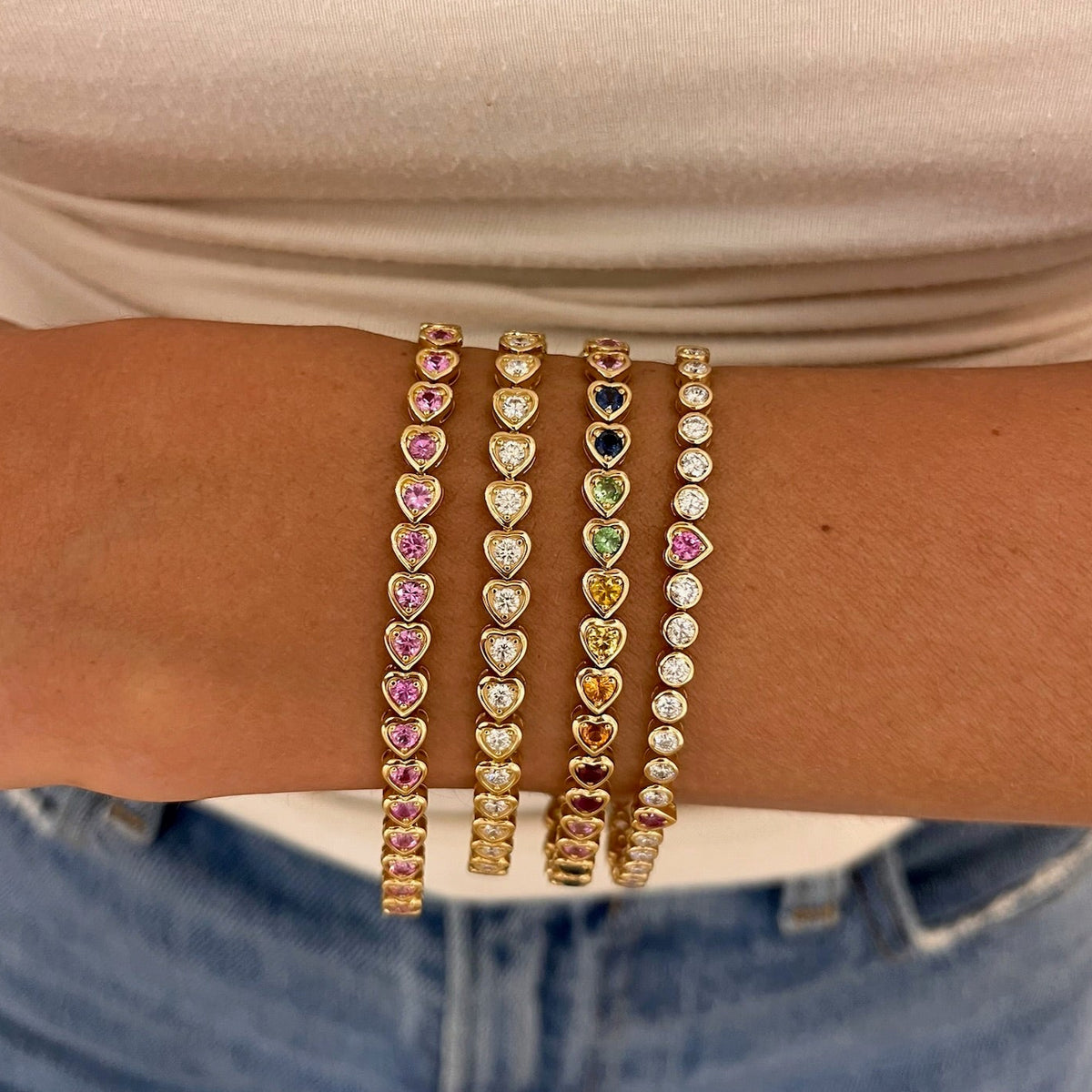 Bellamy pink sapphire hearts and diamond, Harley Diamond Heart Bezel Tennis Bracelet 2.17 ctw, Ryleigh Rainbow Heart Adjustable Tennis Bracelet 3.19 ctw, Paxton Pink Sapphire Heart Adjustable Tennis Bracelet 2.83 ctw 