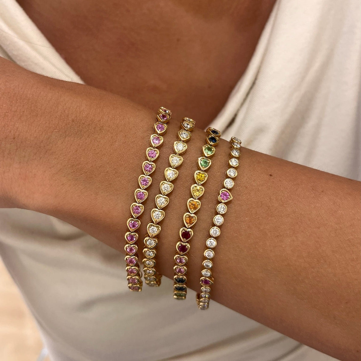 Bellamy pink sapphire hearts and diamond, Harley Diamond Heart Bezel Tennis Bracelet 2.17 ctw, Ryleigh Rainbow Heart Adjustable Tennis Bracelet 3.19 ctw, Paxton Pink Sapphire Heart Adjustable Tennis Bracelet 2.83 ctw 
