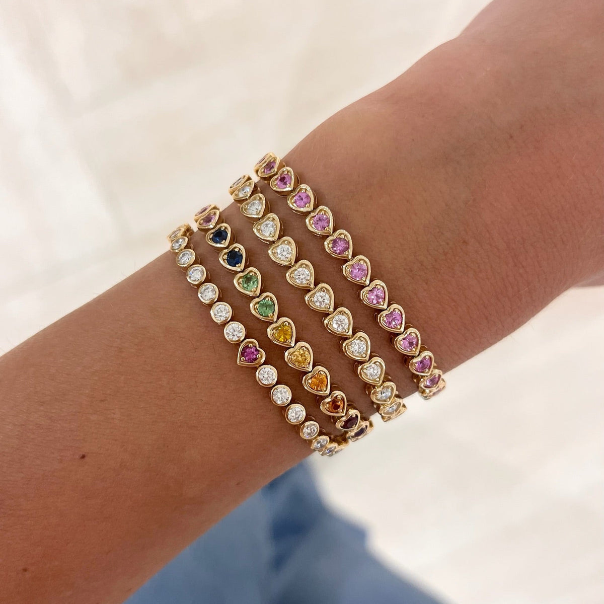 Bellamy pink sapphire hearts and diamond, Harley Diamond Heart Bezel Tennis Bracelet 2.17 ctw, Ryleigh Rainbow Heart Adjustable Tennis Bracelet 3.19 ctw, Paxton Pink Sapphire Heart Adjustable Tennis Bracelet 2.83 ctw 