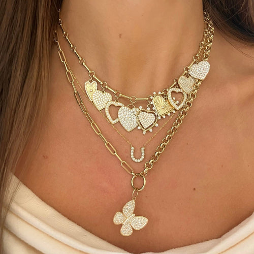 Best of Both Rolo and Paperclip Chain with Openable Clasp,Butterfly Pave Diamond Charm,Derby Diamond Horseshoe Necklace, Miss Matthews Dangling Adjustable Heart Charm Necklace 5.63 ctw