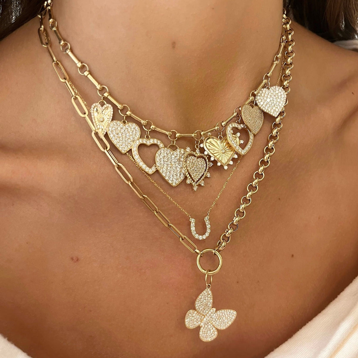 Best of Both Rolo and Paperclip Chain with Openable Clasp,Butterfly Pave Diamond Charm,Derby Diamond Horseshoe Necklace, Miss Matthews Dangling Adjustable Heart Charm Necklace 5.63 ctw