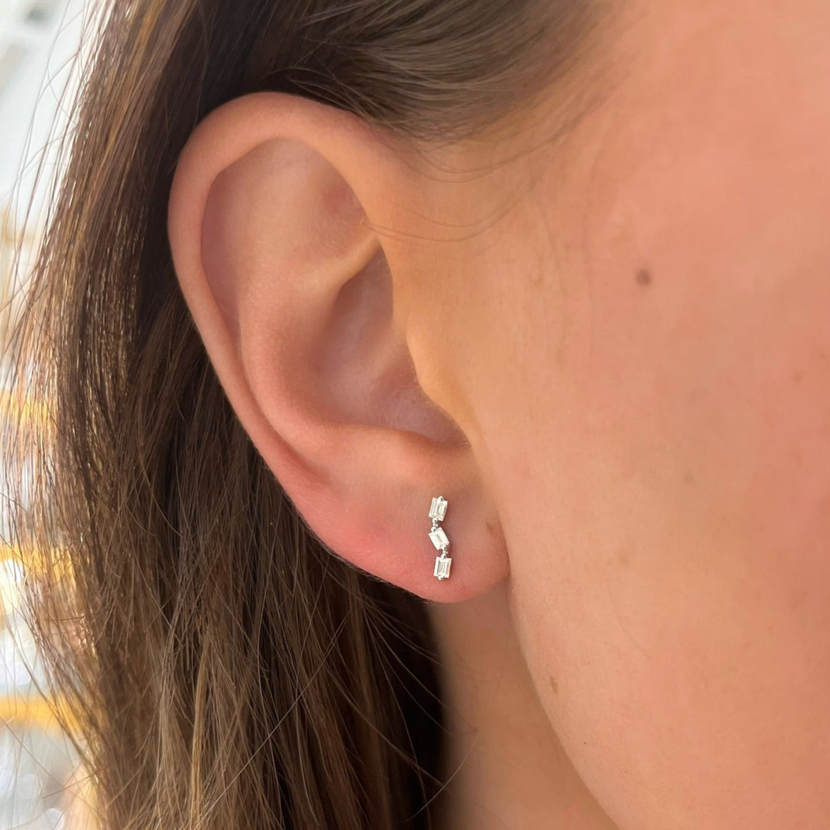  Brixton Three Baguette Diamond Bent Bar Stud Earrings
