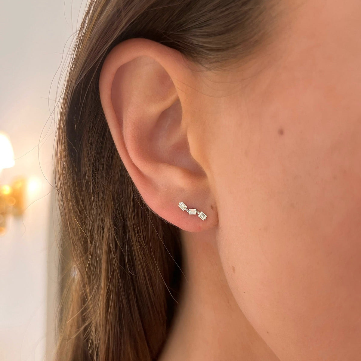 Brixton Three Baguette Diamond Bent Bar Stud Earrings
