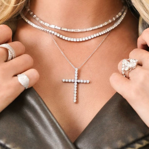 Gracie Scalloped Diamond Cross Necklace 2.56 ctw,Brooks Baguette Diamond Crossover Ring, Peyton Pave Diamond Signet Ring, Kessler Diamond Tennis Necklace, Bronwyn East to West Baguette Diamond Adjustable Choker Necklace 7.37 ctw