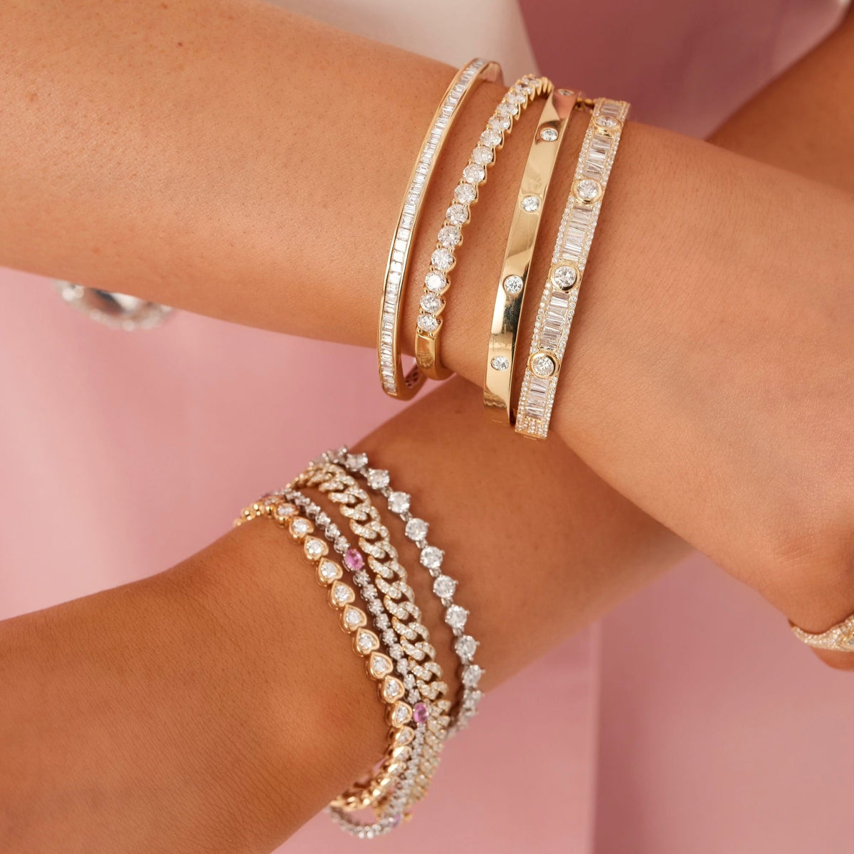 Bronx Pave Chain Link Diamond Tennis Bracelet 4.97 ctw, Pink Sapphire & Diamond Tennis Bracelet, Harley Diamond Heart Bezel Tennis Bracelet 2.17 ctw, The Charlie Cloud® Tennis Bracelet 8.25 ctw, Amour Gold and Diamond Station Bangle,Lennox Baguette Bangle 3.37 ctw, Hendrik Baguette Bezel Diamond Bangle 2.30 ctw

