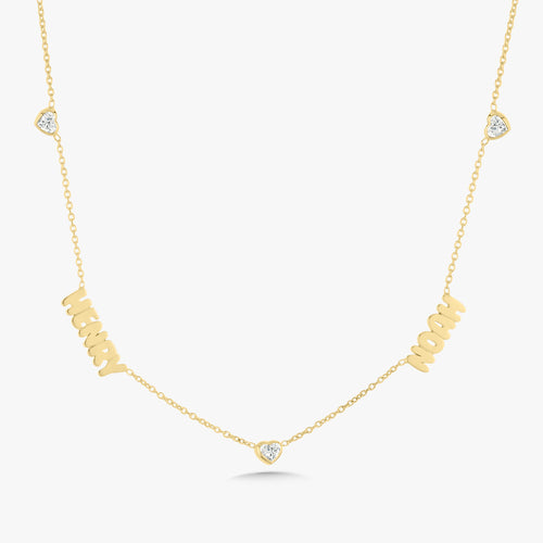 Custom Gold Bubble Name Necklace with Bezeled Heart Diamonds