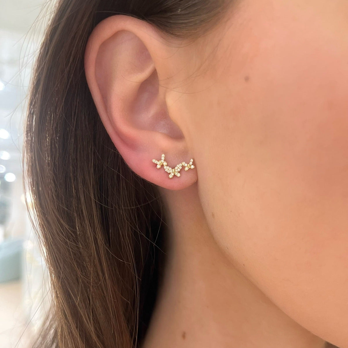 Butterfly Pave Diamond Ear Climber Stud Earrings