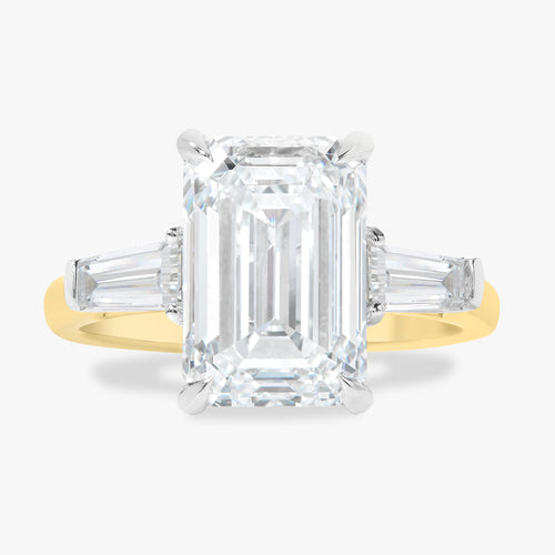 5.00ct Lab Grown Emerald Diamond in a Three-Stone Setting with Tapered Baguettes