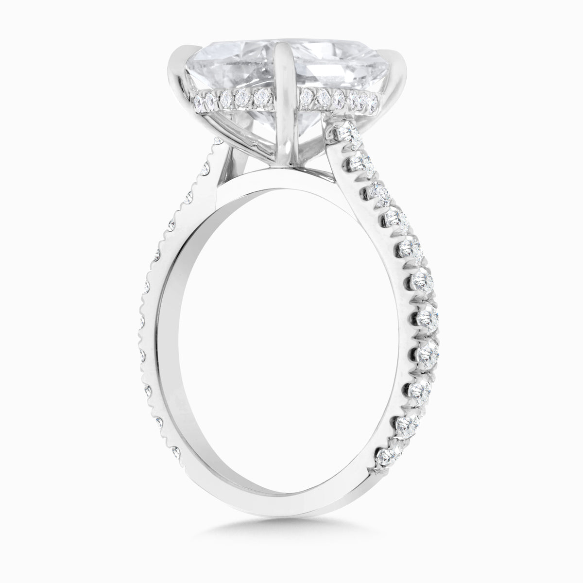 4.10ct Lab Grown Elongated Cushion Diamond in Pavé Cathedral Setting with Hidden Halo