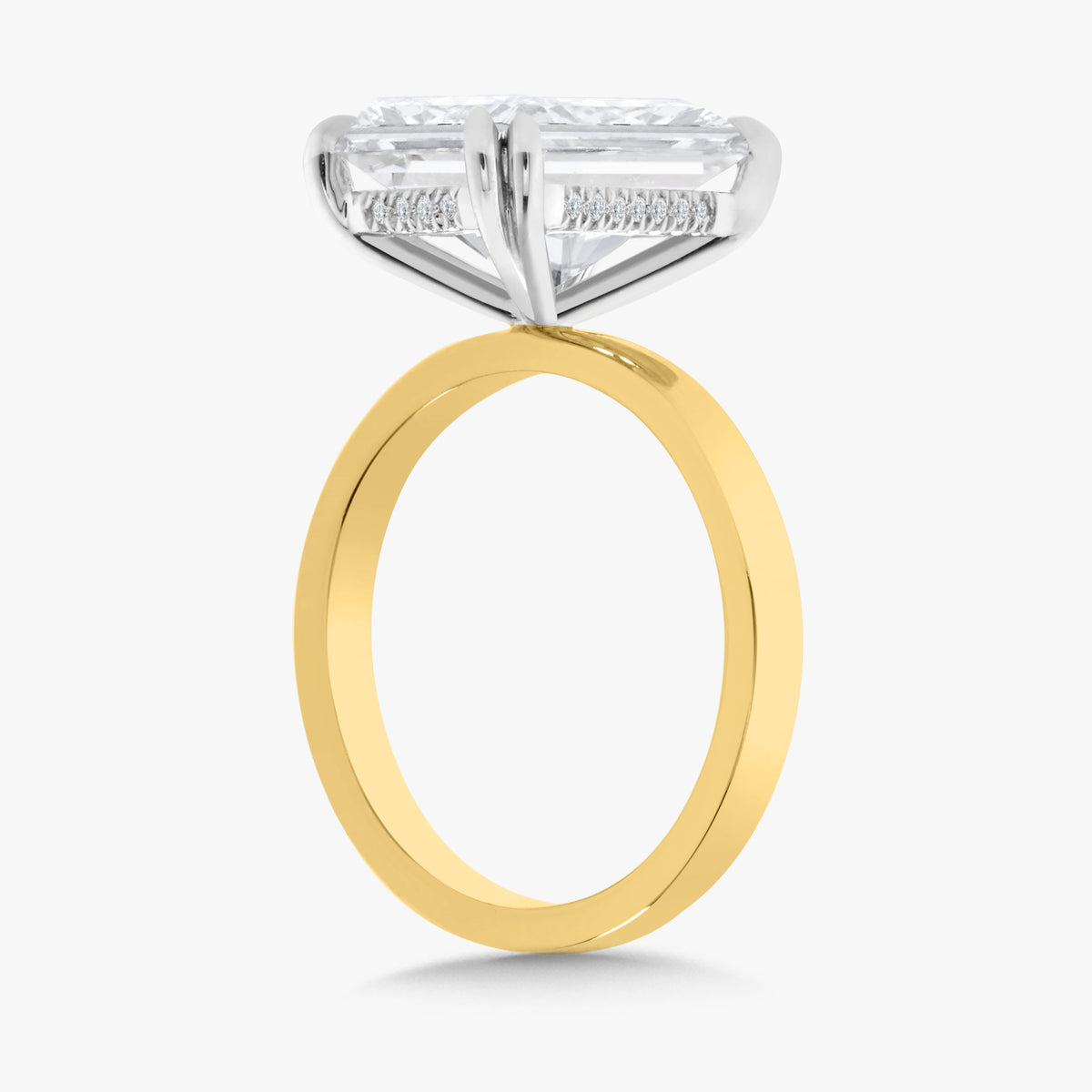 5.10ct Lab Grown Radiant Diamond in 2.5mm Pipe Cut Solitaire Setting with Double-Prongs and Hidden Halo