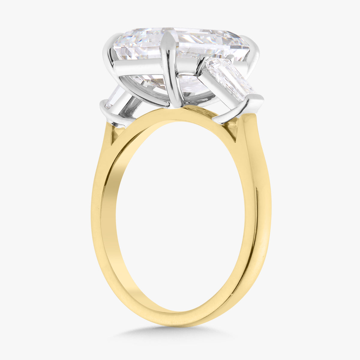 5.00ct Lab Grown Emerald Diamond in a Three-Stone Setting with Tapered Baguettes