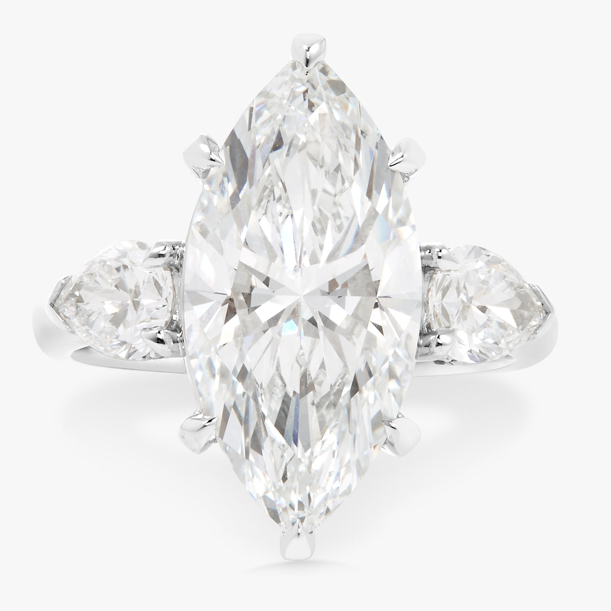 5.09ct Lab Grown Marquise Diamond in a Three-Stone Setting with Pear sides and Diamonds on the Prongs