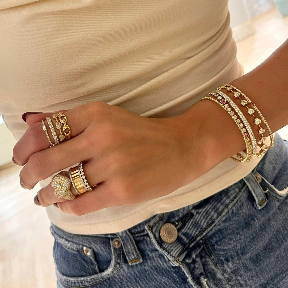 Carringtyn Pave Diamond Heart Signet Ring 2.75 ctw,Heart Station Diamond Tennis Bracelet 5.00 ctw, Bellamy Pink Sapphire Hearts & Diamond Bezel Adjustable Tennis Bracelet 3.10 ctw, Amanza Fluted Diamond Eternity Band, Baguette Birthstone and Diamond Stacking Band Ring