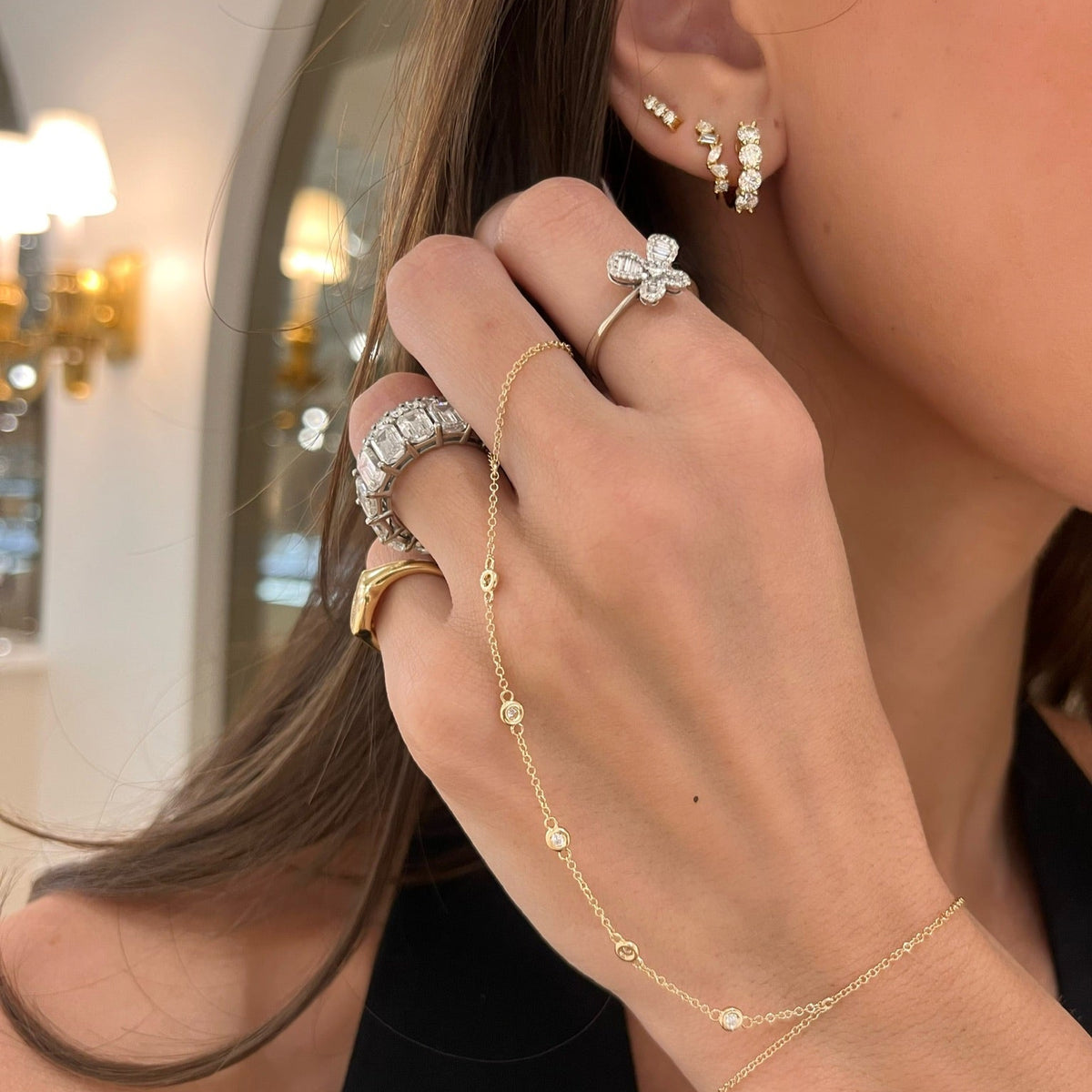 Chloe Baguette Butterfly Ring, Melville Diamonds By The Yard Hand Chain Bracelet, Brylee Diamond Bar Stud Earrings,Multi Mixed Shape Diamond Huggies 0.50 ctw